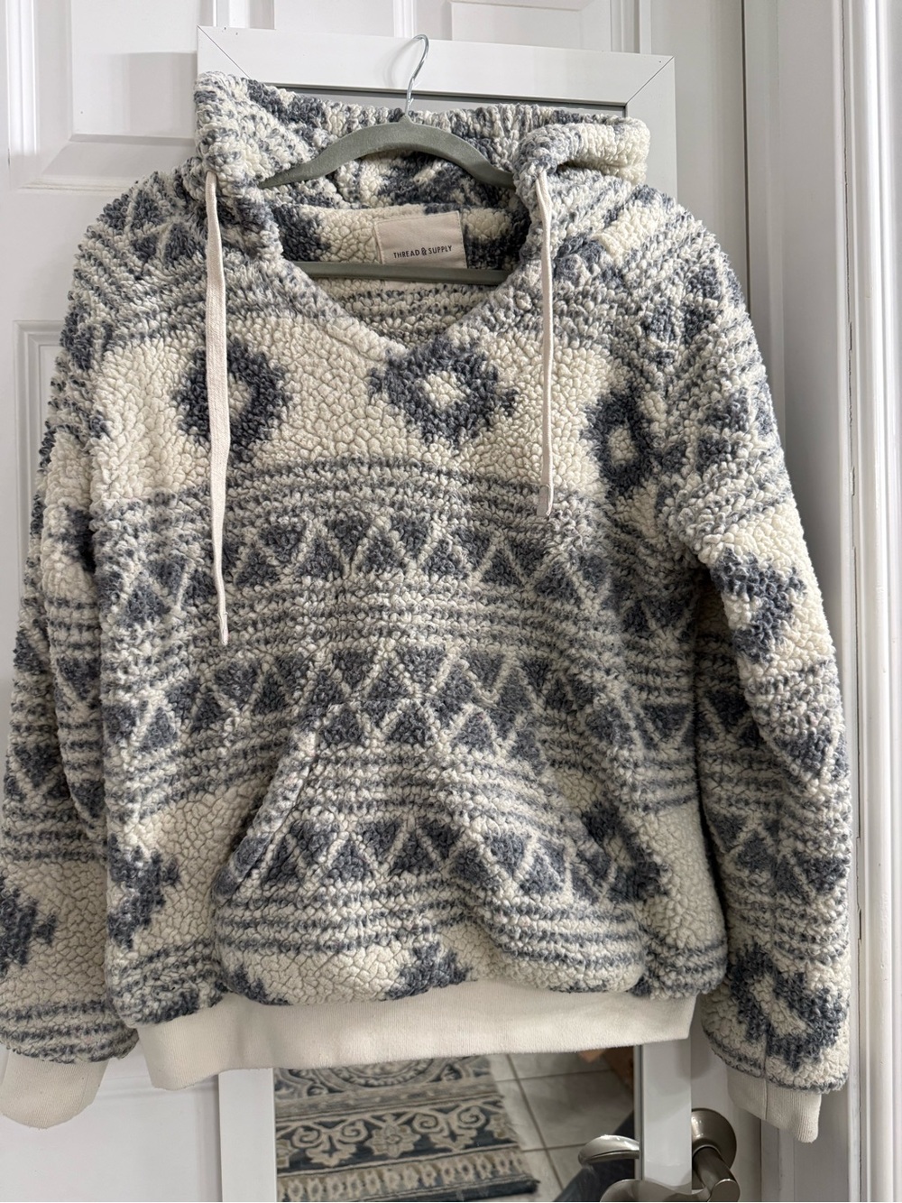 Thread & Supply Cream and Gray Sherpa Hoodie with Geometric Pattern